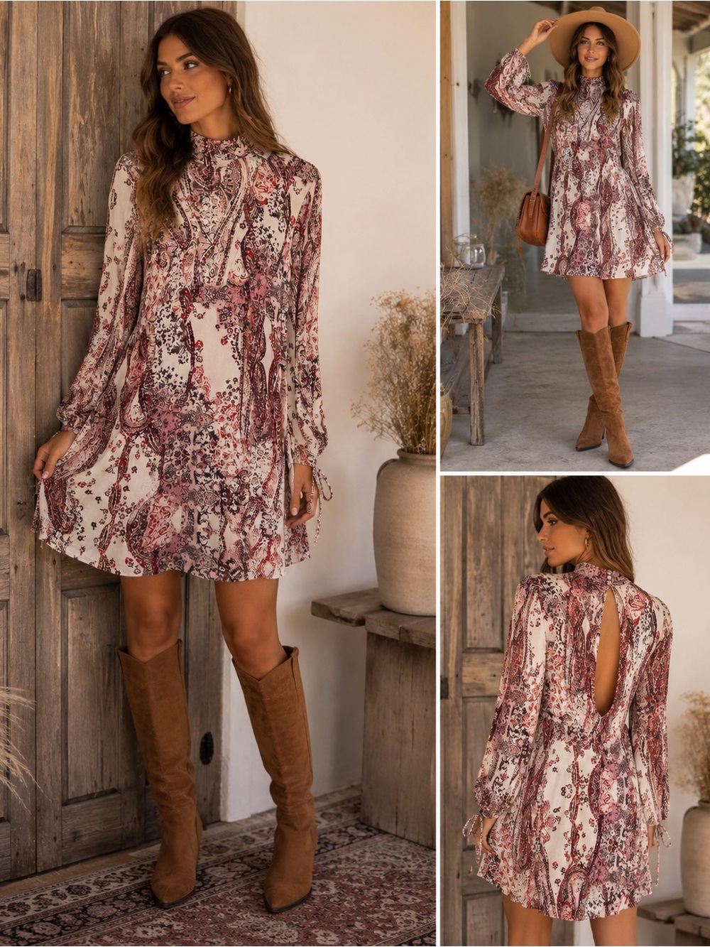 Free People Paisley Long-Sleeve Mini Dress in Cream and Rose